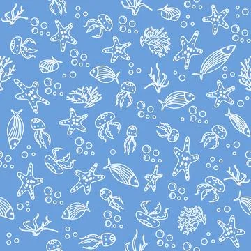 Underwater marine pattern with starfish, fish, and seaweed on blue background Stock Illustration