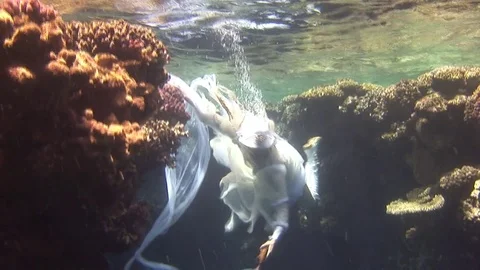Underwater model free diver in costume pirate swims in clean water in Red Sea. Stock Footage