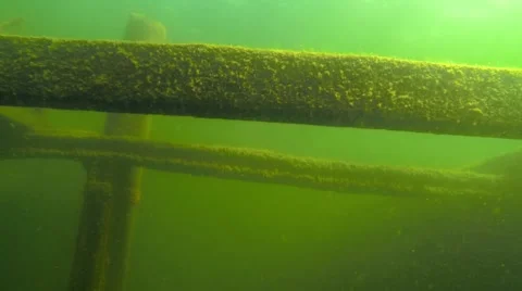 Underwater moving camera shot inside the cargo hold of a sunken boat Stock Footage 55376703