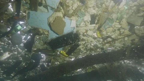 Underwater nylons and plastic waste in a polluted lake Stock-Footage 254491321