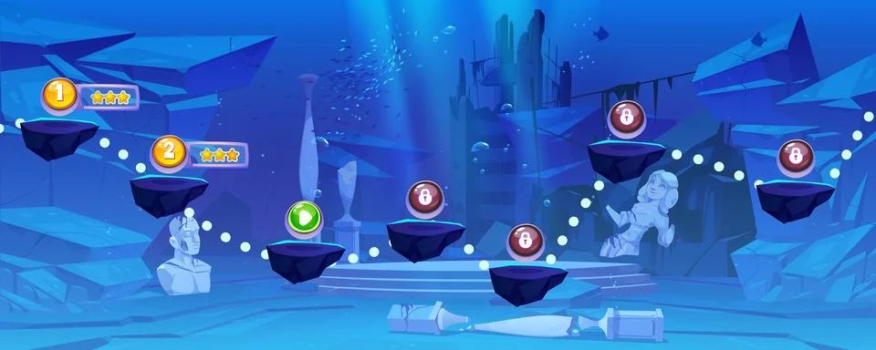 Underwater ocean game level map ui cartoon vector Stock Illustration