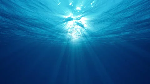 Underwater ocean waves ripple and flow with beautiful sun light rays. 4K seam Stock Footage