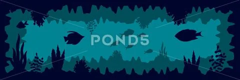 Underwater panorama illustration with fishes and under water plants silhouett Stock Illustration