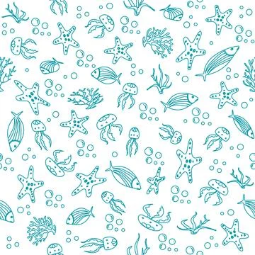 Underwater pattern featuring starfish, fish, jellyfish, and coral on a whit.. Stock Illustration