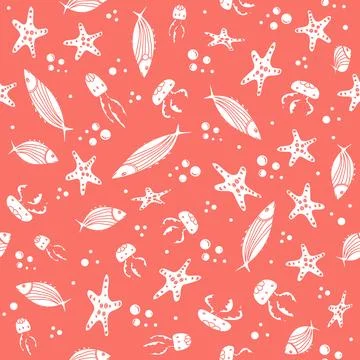 Underwater pattern with fish, starfish, and jellyfish on a coral background Illustrazione stock