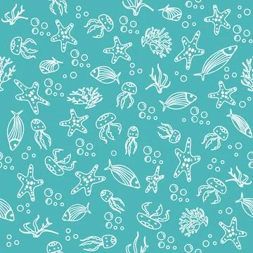 Underwater pattern with starfish, fish, and bubbles on teal background, ide.. Stock Illustration