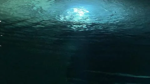 Underwater perspective looking up toward the surface of clear blue-green water Stock Photos