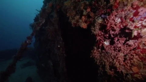 Underwater POV exploring the outside of the USS Spiegel Grove wreck Stock-Footage 80438971