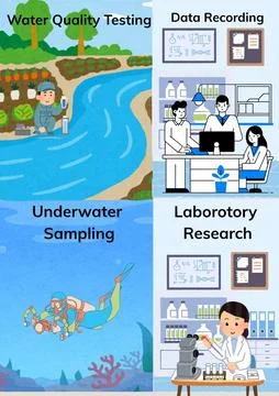 Underwater Sampling and Lab Testing for Water Quality Analysis Stock Illustration