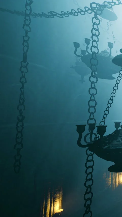 Underwater scene with chains and chandeliers in dim light during evening hours Stock Footage 332220947