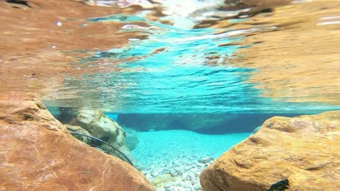 Underwater scene from a river with turqoise background, UHD Stock-Footage 93880659
