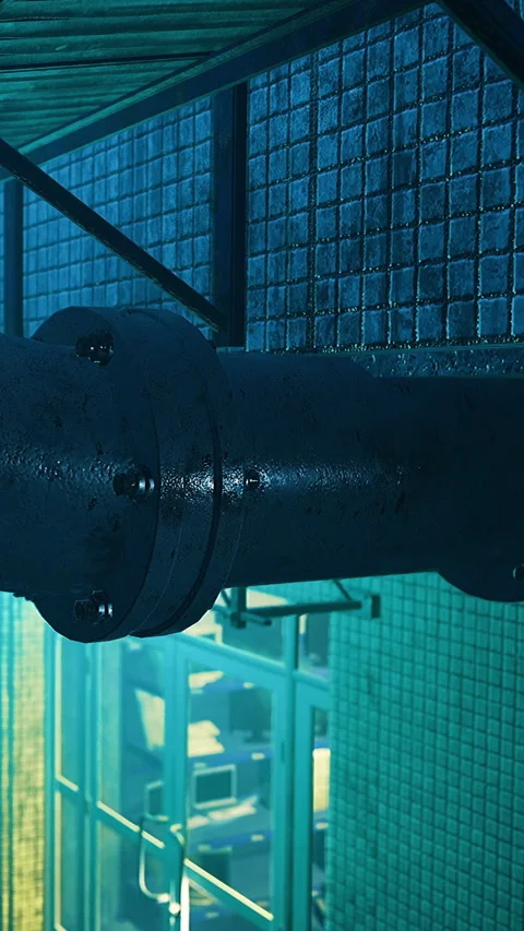 Underwater scene showing a large pipe in a dark industrial setting Stock Footage 331759883