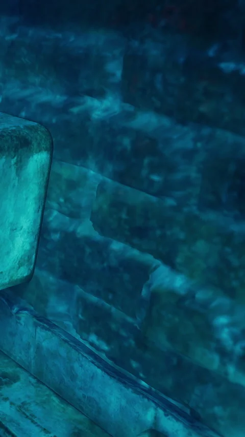 Underwater scene shows a metal object near brick wall in a dark location Stock Footage 339504932