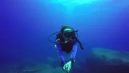 Underwater Scuba Diving Selfie Shot With Selfie Stick. Deep Blue Sea. Stock Footage