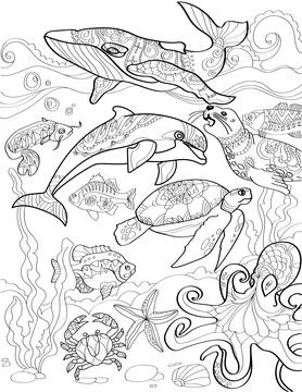 Underwater Sea With Different Aquatic Creatures Swimming Colorless Line Drawing Illustrazione stock