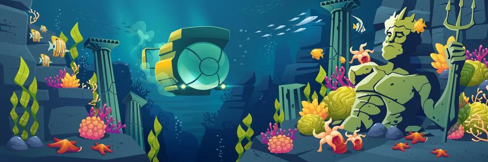 Underwater sea landscape with submarine, fish Stock Illustration