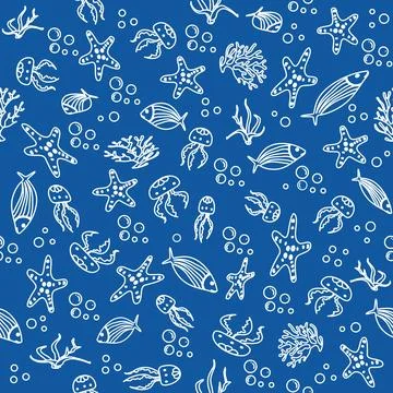 Underwater sea life pattern with fish, starfish, jellyfish, and coral on a .. Stock Illustration