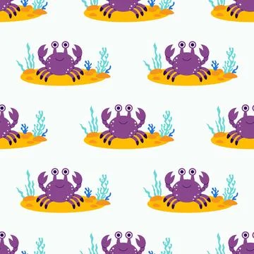 Underwater Seamless Pattern. Cute Crab and Sea algae, sandy seabed on White.. Stock Illustration