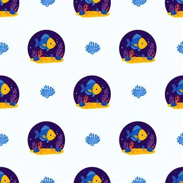 Underwater Seamless Pattern. Cute Sea Fish, Plant algae and coral on seabed.. 库存插图