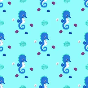 Underwater Seamless Pattern. Cute Sea Seahorse on Blue Background with shel.. Ilustración de archivo