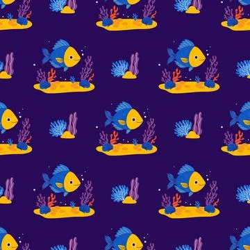Underwater Seamless Pattern. Cute Sea Fish, Plant algae and coral on seabed.. Illustrazione stock