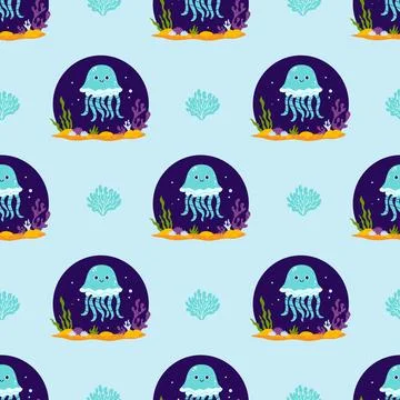 Underwater Seamless Pattern. Cute Sea Jellyfish with algae and seabed on li.. Illustrazione stock
