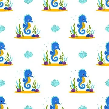 Underwater Seamless Pattern. Cute Sea Seahorse with algae and coral on seab.. Illustrazione stock