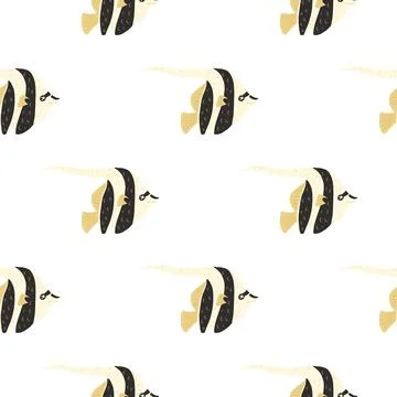 Underwater seamless pattern with doodle imperial angelfish shapes. White back Stock Illustration