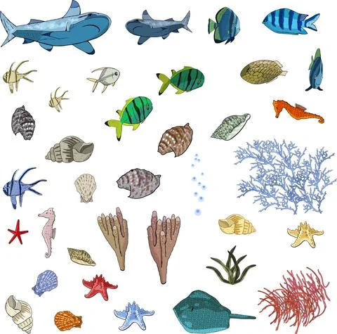 Underwater seamless pattern with exotic fish, seahorses, coral on black. Stock Illustration