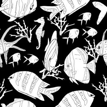 Underwater seamless pattern with exotic fish, seahorses, coral on black. Stock Illustration