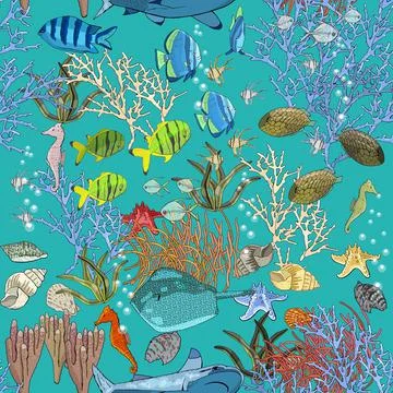 Underwater seamless pattern with exotic fish, seahorses, coral on black. Hand Stock Illustration