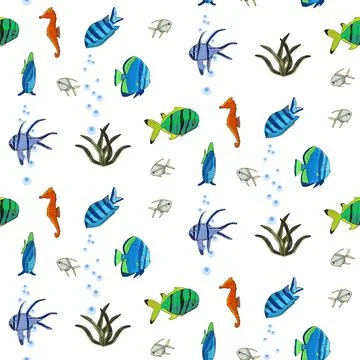 Underwater seamless pattern with exotic fish. Ocean creatures. Stock Illustration