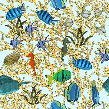 Underwater seamless pattern with exotic fish. Ocean creatures. Stock Illustration