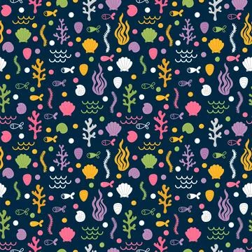 Underwater seamless pattern with hand drawn seaweeds, shells, fishes and co.. Stock Illustration