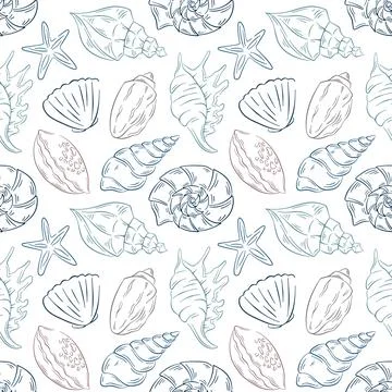 Underwater seamless pattern with seashell in line art style. Summer ocean, sea Stock Illustration