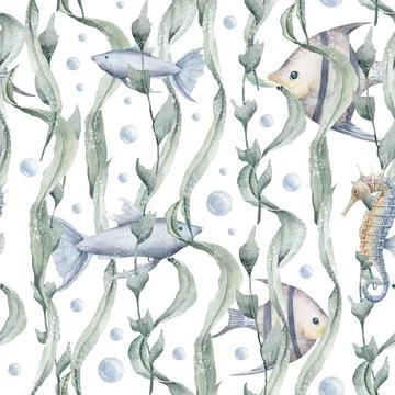 Underwater seamless Pattern of seaweeds and fishes. Hand drawn watercolor Stock Illustration