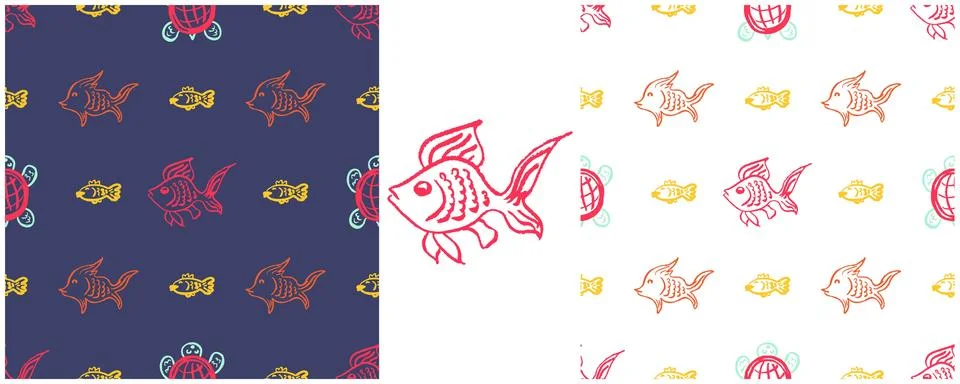 Underwater seamless pattern. Set drawings with wax crayons. Turtles, fish. Pr Stock Illustration