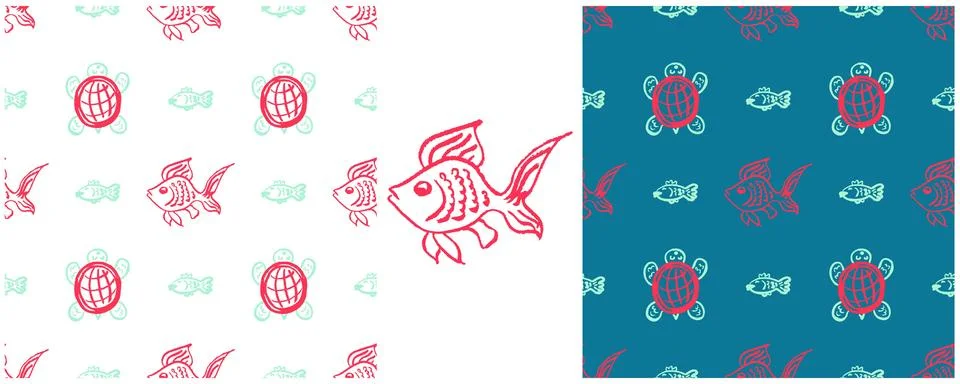 Underwater seamless pattern. Set drawings with wax crayons. Turtles, fish. Pr Stock Illustration