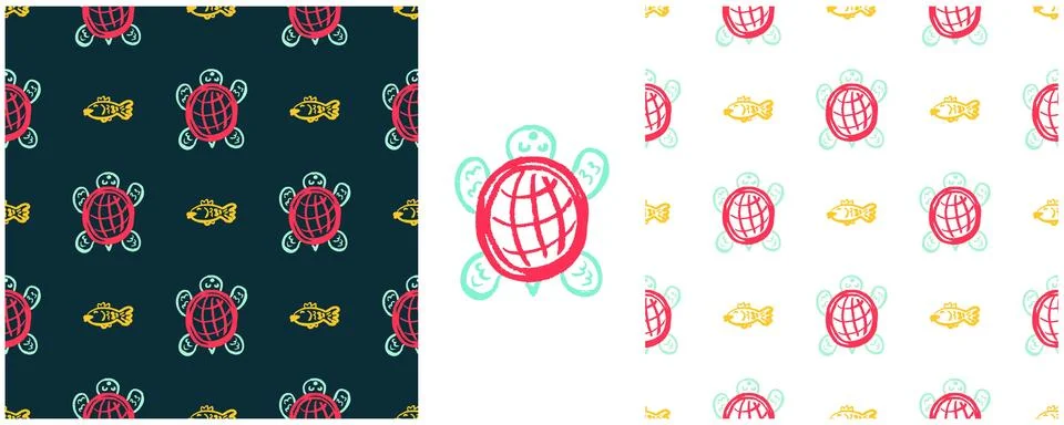 Underwater seamless pattern. Set drawings with wax crayons. Turtles, fish. Pr Stock Illustration