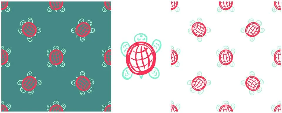 Underwater seamless pattern. Set drawings with wax crayons. Turtles. Print fo Stock Illustration