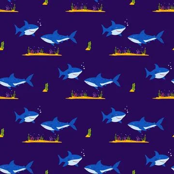 Underwater Seamless Pattern. Two Sharks wild animals with algae and sandy s.. Illustrazione stock