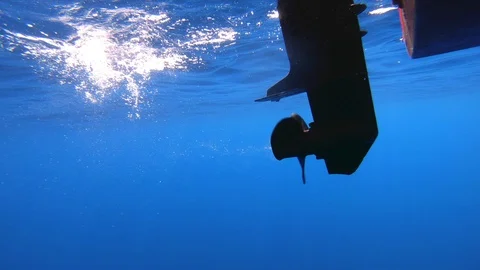 Underwater shot of boat propeller engine spinning. Stock Footage 118814040