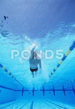 Underwater shot of young male athlete doing backstroke in swimming pool Stock Photos