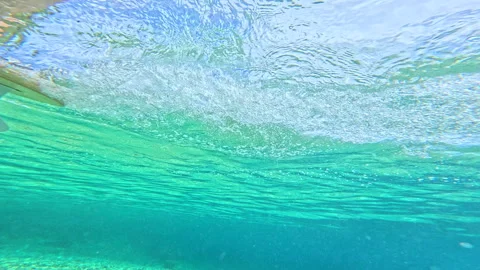 UNDERWATER, SLOW MOTION, CLOSE UP: Surfboard floating through turquoise sea Video stock 313761564