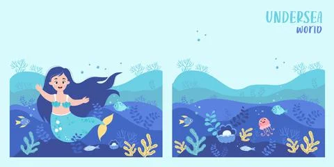 Underwater square poster set with cute mermaid on seabed, underwater world la Stock Illustration