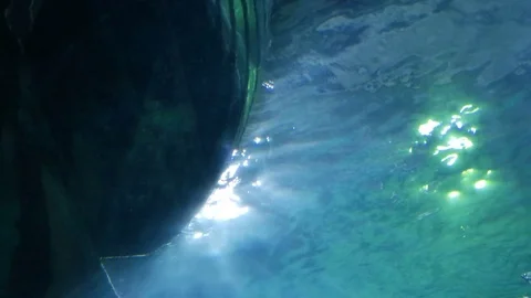 Underwater sun rays in the blue sea with tropical fish bottom of a boat  Vidéo 77019961
