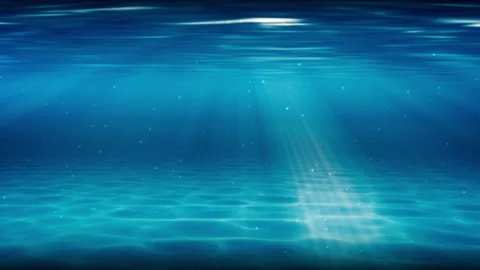Underwater sun rays deep blue ocean background, caustics light on seabed, 4k Stock Footage 333417260