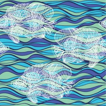 Underwater texture of tropical fish on the waves. Stock Illustration