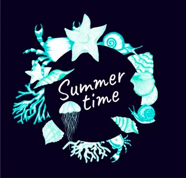 Underwater Theme. Circle Shaped Card Vector Template Stock Illustration