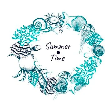 Underwater Theme. Circle Shaped Card Vector Template Stock Illustration